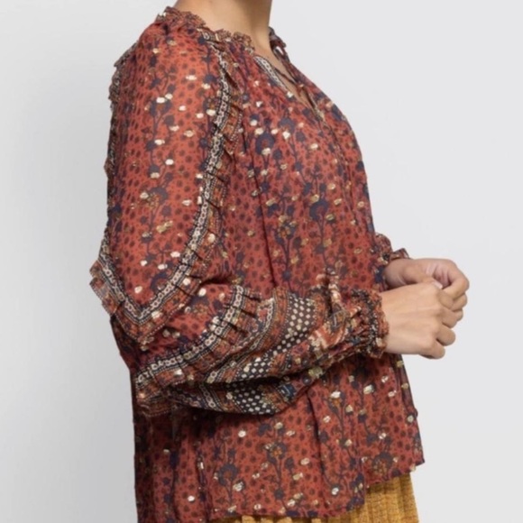 Ulla Johnson Calista Sheer Silk Blouse in Rust Gold and Navy Size 2 - Picture 8 of 14